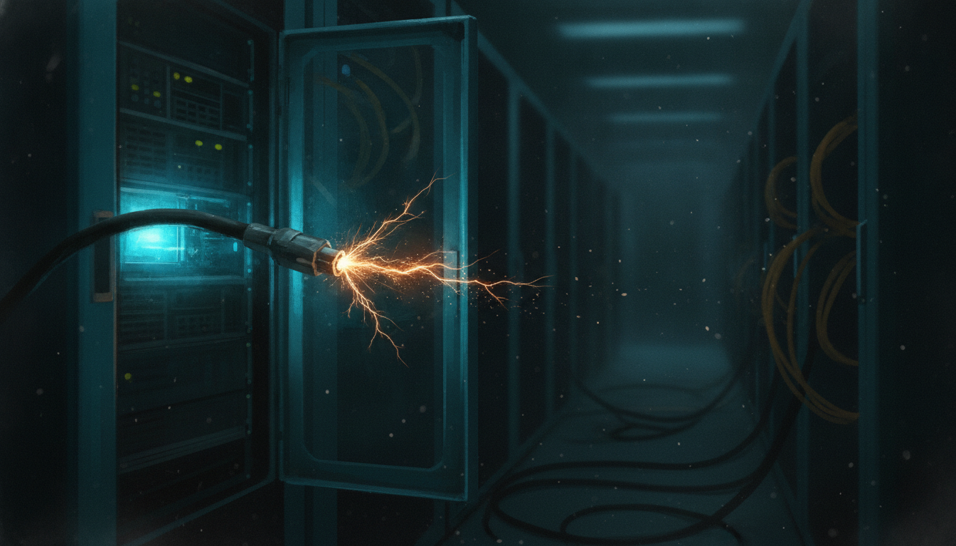 An industrial power switch thrown to the off position, casting a long shadow across an empty server hall