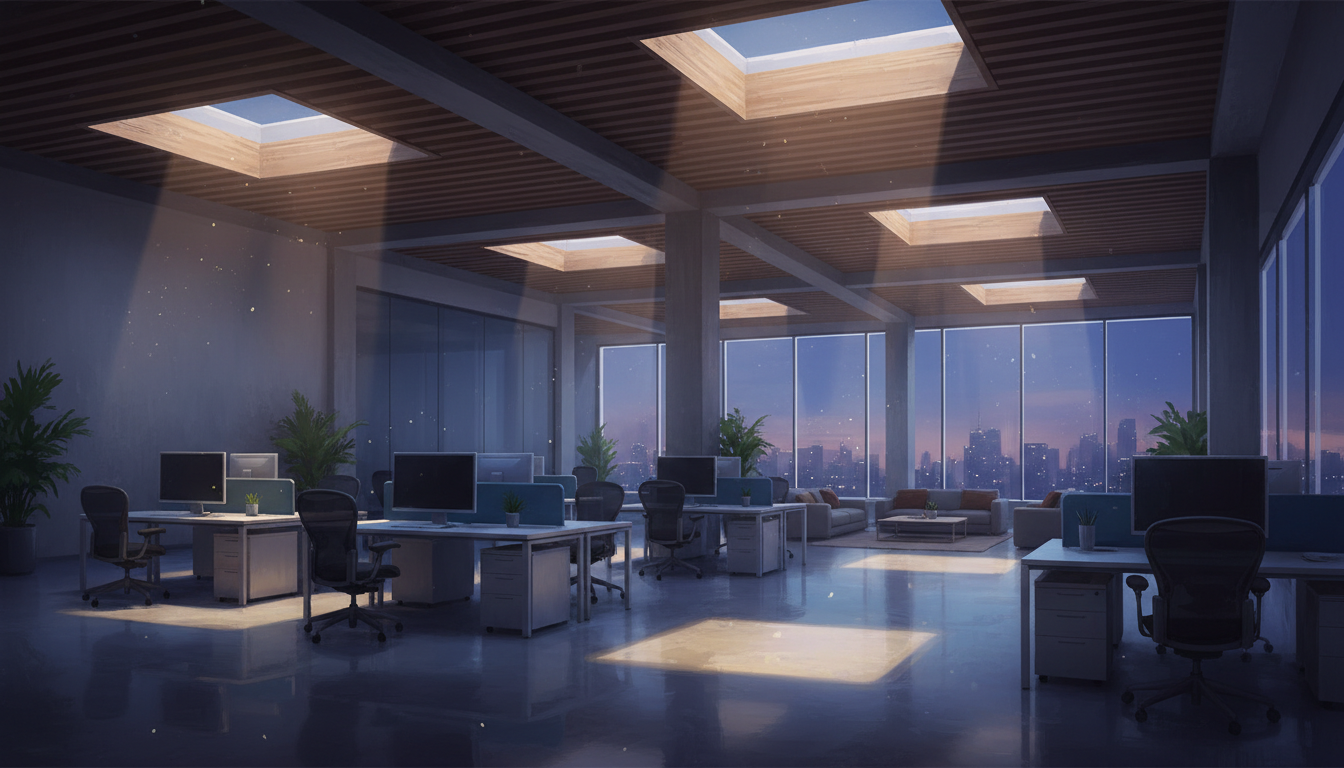 An empty open-plan workspace at dusk with rows of unoccupied chairs facing dim monitors, soft blue glow filling the room.