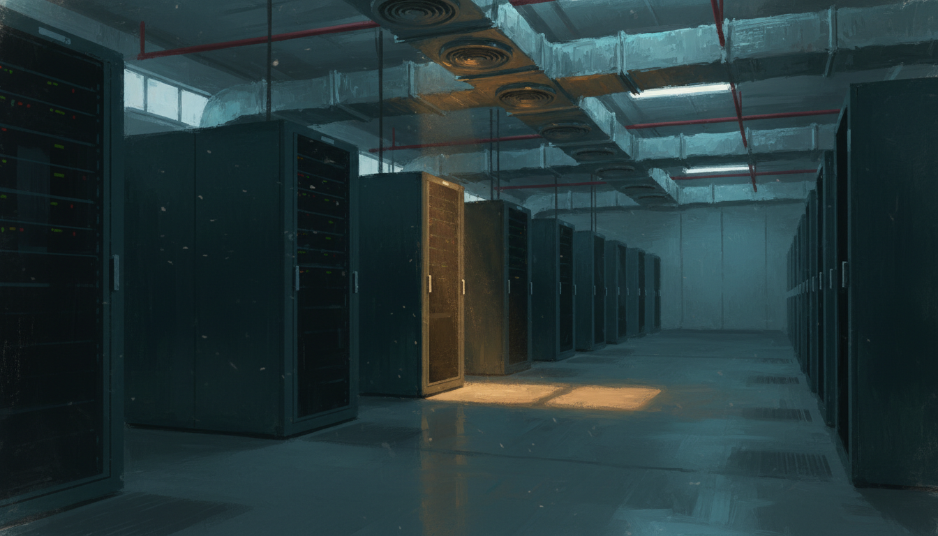 An empty industrial datacenter hall at dusk, rows of dark server racks under cooling vents