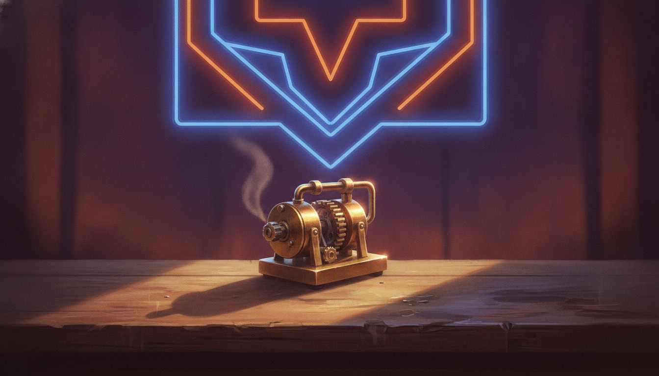 A quiet, well-worn machine running steadily in the shadow of a flashy neon display