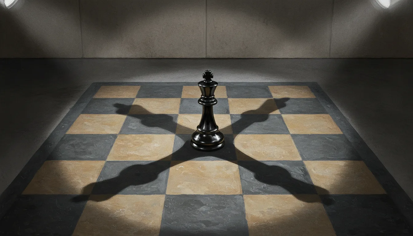A single chess king casting three overlapping shadows across an empty board