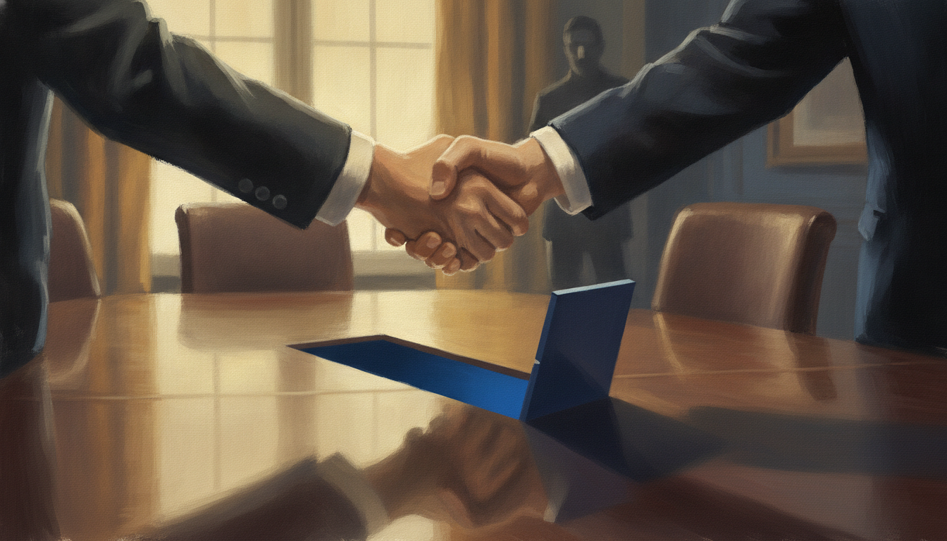 A handshake casting a long shadow shaped like a competitor's silhouette