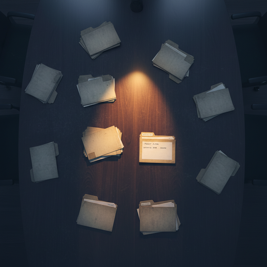 A boardroom table seen from above, eleven manila folders arranged around the edge in cool blue shadow, with a single warm spotlight illuminating one open folder at the center.