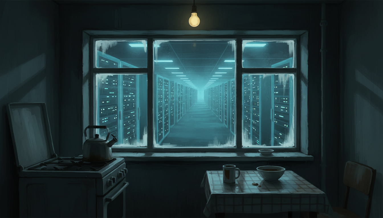 A glowing data center humming at night, viewed through the window of a darkened residential kitchen.