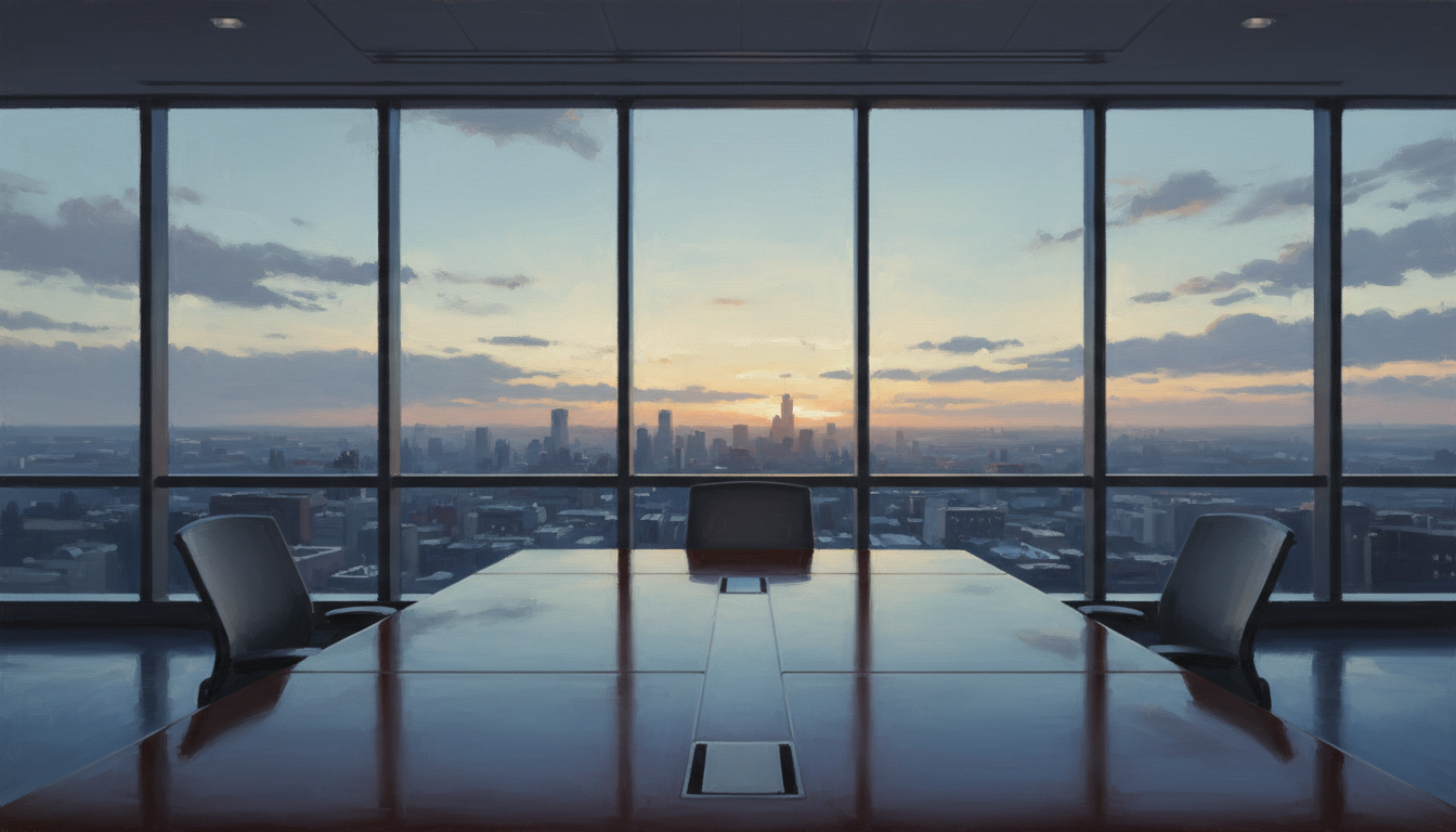 An empty boardroom with a long polished table, two chairs pulled out at opposite ends, and a window showing a city skyline at dawn.