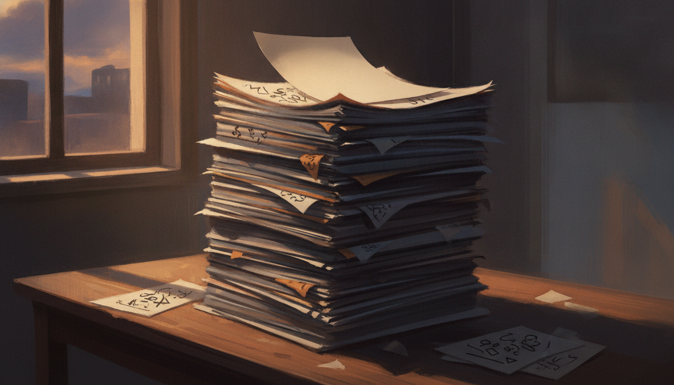 A stack of dense documents with a single clean printed page resting on top, most of the pages faded to blank