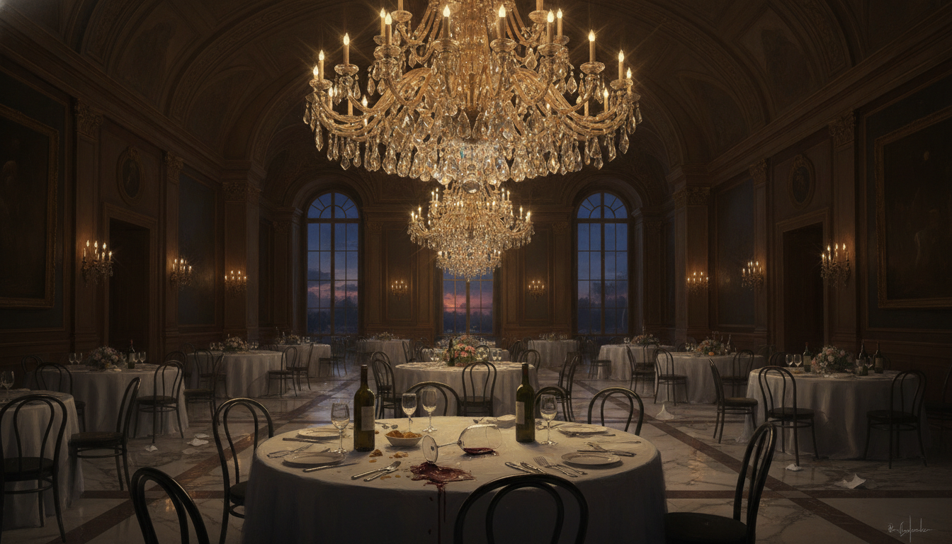 An empty banquet hall after a celebration, chairs pushed back from long tables under fading chandelier light.