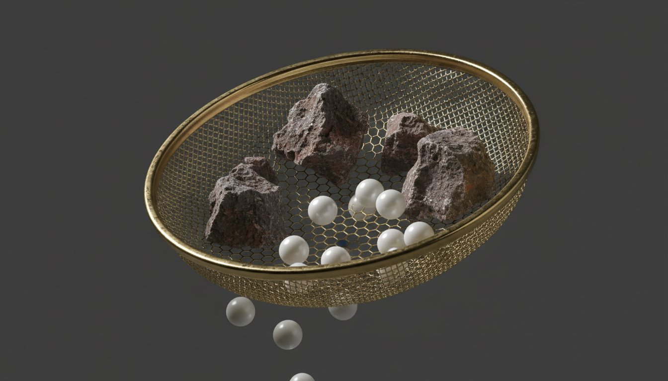 A brass mesh sieve catches some shapes while others fall through gaps that are too large, lit against a dark studio backdrop.