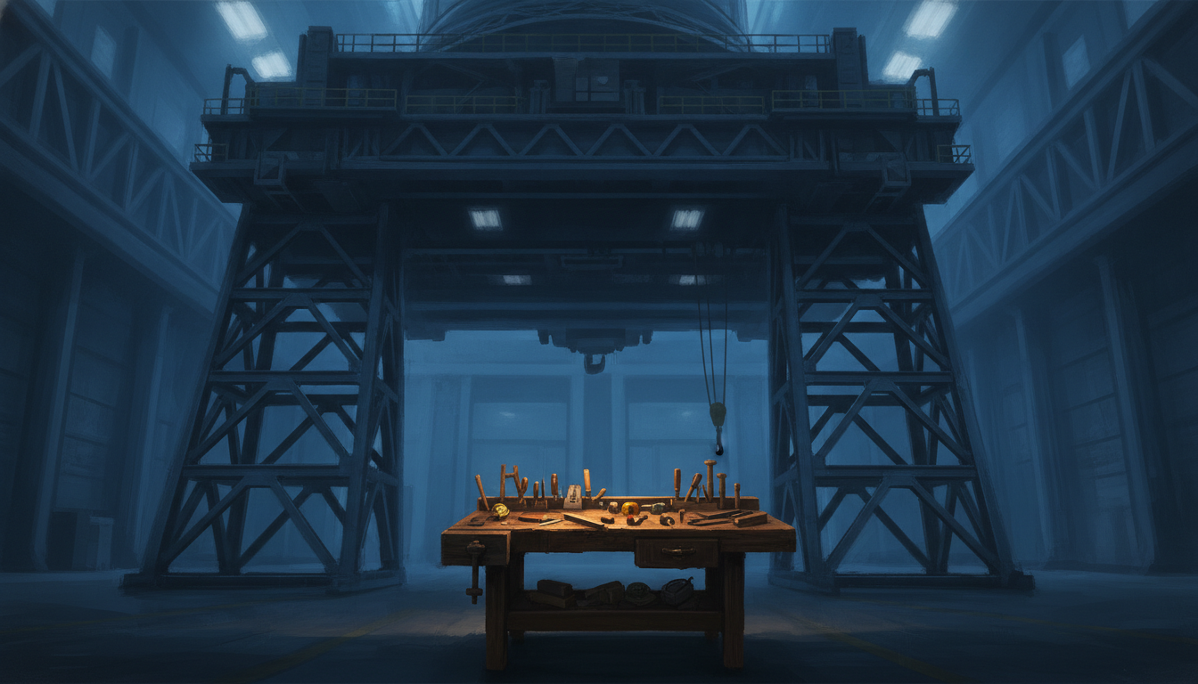 A small developer's workbench dwarfed by the steel frame of an industrial gantry overhead